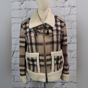 Burberry Brit Women's Wool Jacket Nova Check Faux Shearling Winter Bomber 6 US